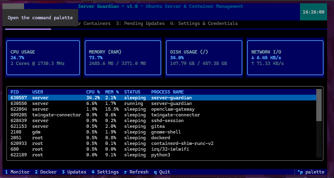 Screenshot of Server Guardian TUI Dashboard